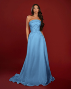 Satin Strapless Sleeveless High-Waisted Long A-Line Prom Dress With Beadings YK0662