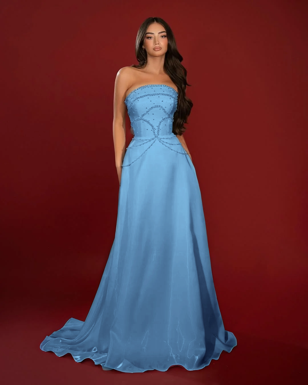 Satin Strapless Sleeveless High-Waisted Long A-Line Prom Dress With Beadings YK0662