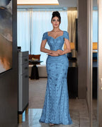 Cocoslly Short Sleeves High Waist Long Mermaid Prom Dress With Rhinstone | Silver Sequins YK1264