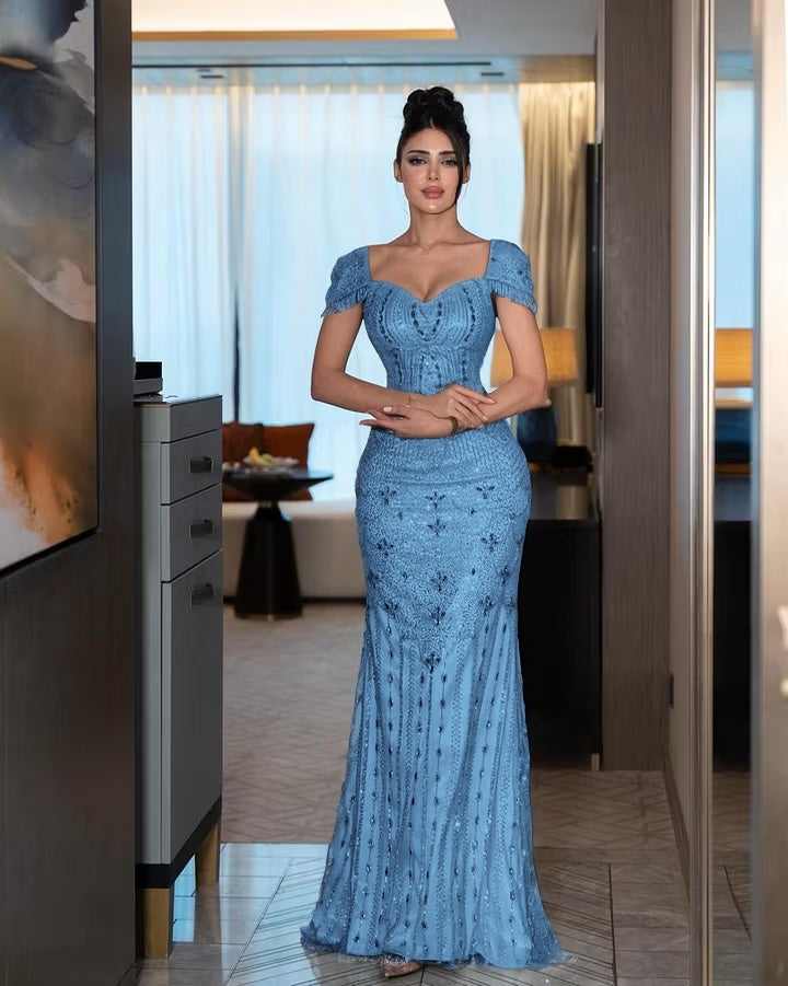 Cocoslly Short Sleeves High Waist Long Mermaid Prom Dress With Rhinstone | Silver Sequins YK1264
