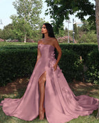 Strapless Sleeveless Long High Split Prom Dress With Appliques YK0162