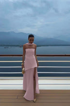 Cocoslly Strapless Split Holiday Summer Long Prom Dress With Scarf | White Satin And Chiffon ZT0604