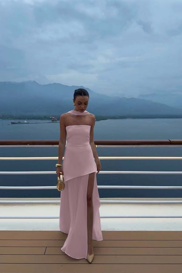 Cocoslly Strapless Split Holiday Summer Long Prom Dress With Scarf | White Satin And Chiffon ZT0604
