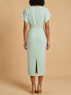 Light Green Slit Classic V Neck Cap Sleeve Dolman Sleeve Sheath Midi Dress
