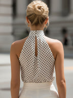 White & Black Polka Dot Halter Neck Keyhole Chiffon Top