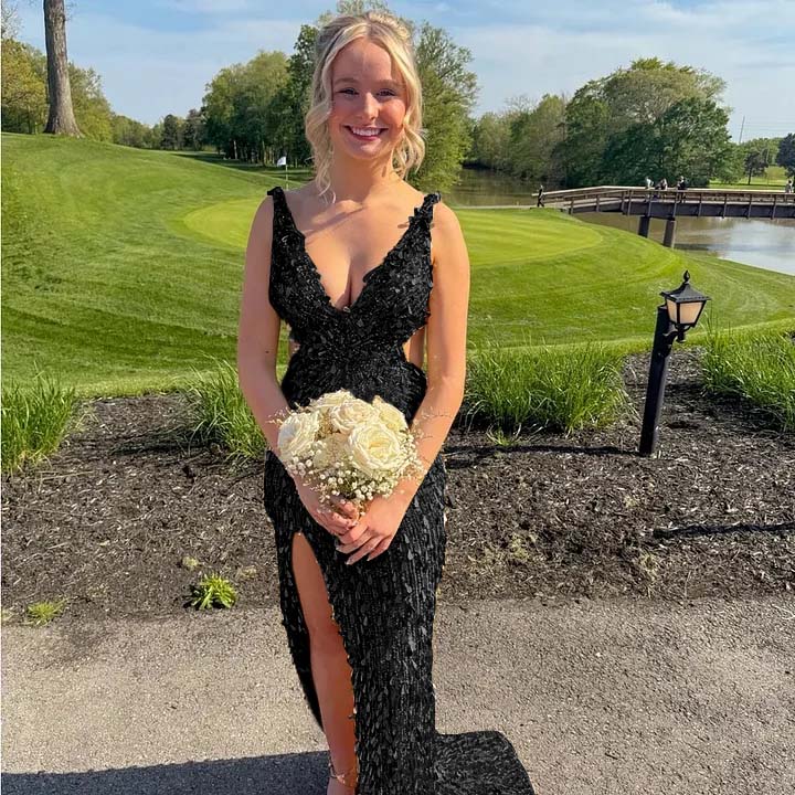 Cocoslly Straps V-Neck Sleeveless High Waist Long Prom Dress With Split | Champage Glod Sequins ZT0893