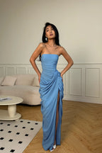 Cocoslly Strapless Sleeveless High Waist Long Prom Dress With Split And Pleated | Ice Blue Satin YC0566