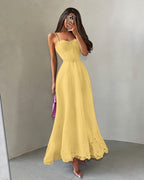 Cocoslly Spaghetti Straps Sleeveless High Waist Long A Line Prom Dress | Black Satin YK1293