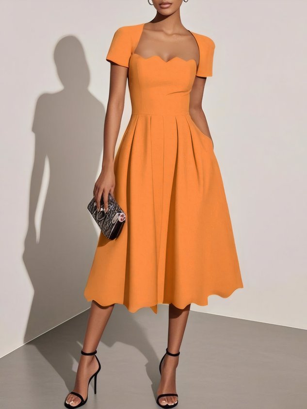 Light Blue Asymmetric Classic Square Neck Short Sleeve A-Line Midi Dress