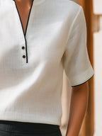Contrast Trim Notch Collar Short Sleeve Blouse With Minimal Button Placket