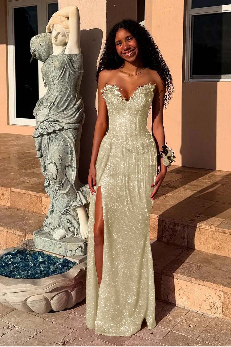 Red Strapless Sleeveless Long Mermaid Prom Dress With Sequins Split XJ0657