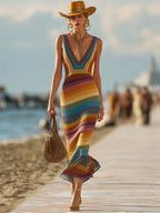 Retro Western Style V-Neck Colorful Striped Breathable Knitted Maxi Dress
