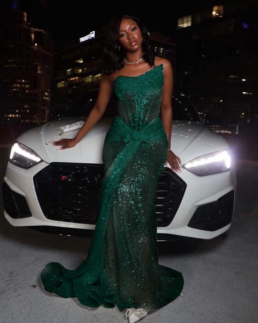 Tulle Asymmetric Strapless Sleeveless Long Pleated Mermaid Prom Dress With Sequins And Ruffles YK0320