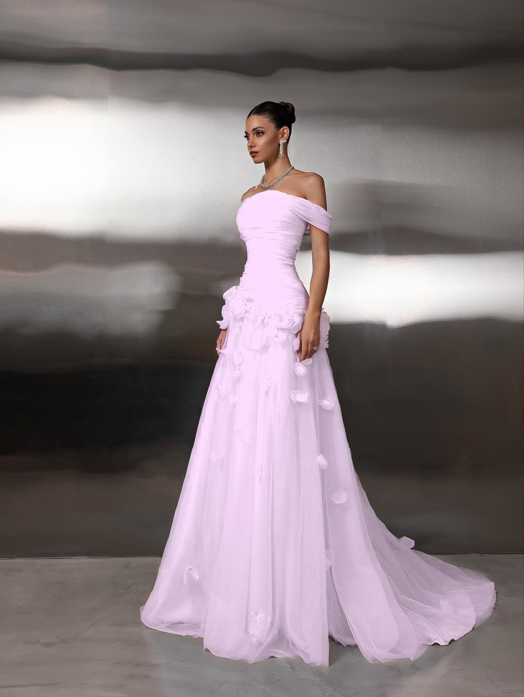 Cocoslly Off-The-Shoulder Strapless Sleeveless Long Pleated A-Line Prom Dress With Flower Appliqués | Light Blue Tulle ZA0285