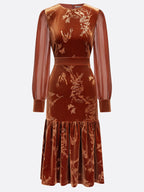 Caramel Brown Mesh Jacquard Velvet Crew Neck Long Sleeve Balloon Sleeve Mermaid Midi Dress