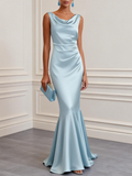 Light Blue Ruched Satin Cowl Neck Sleeveless Mermaid Maxi Dress