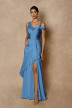 Cocoslly Wide Straps Sleeveless High Waist Long Prom Dress With Split And Ruffles | Glod Chiffon