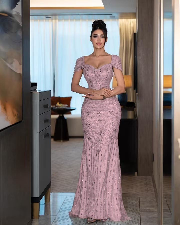 Cocoslly Short Sleeves High Waist Long Mermaid Prom Dress With Rhinstone | Silver Sequins YK1264