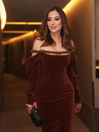 Cocoslly Off-The-Shoulder Long Sleeves High Waist Long Mermaid Prom Dress With Beading Pearls | Brown Velvet CO0023