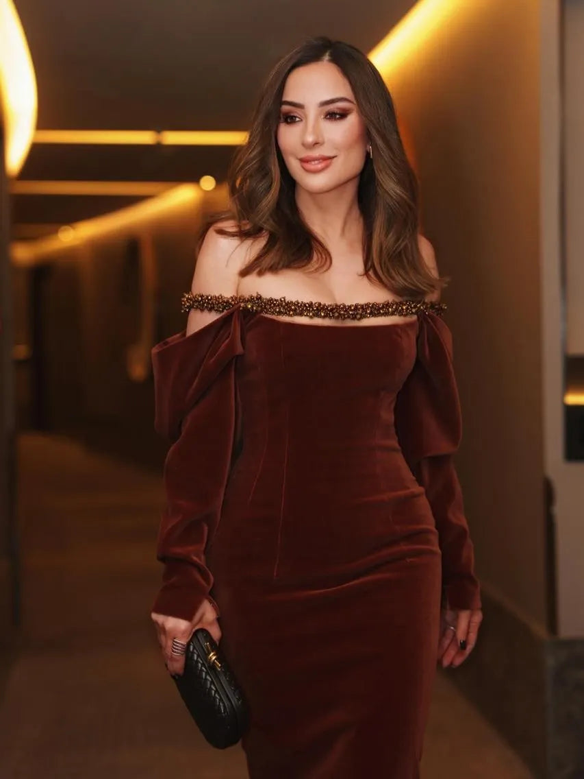 Cocoslly Off-The-Shoulder Long Sleeves High Waist Long Mermaid Prom Dress With Beading Pearls | Brown Velvet CO0023
