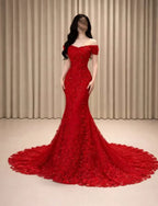 Cocoslly Off-The-Shoulder Sleeveless High Waist Long Prom Dress With Pearls And Sequins | Red SatinAnd Tulle CO0047