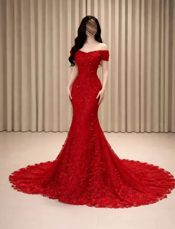 Cocoslly Off-The-Shoulder Sleeveless High Waist Long Prom Dress With Pearls And Sequins | Red SatinAnd Tulle CO0047