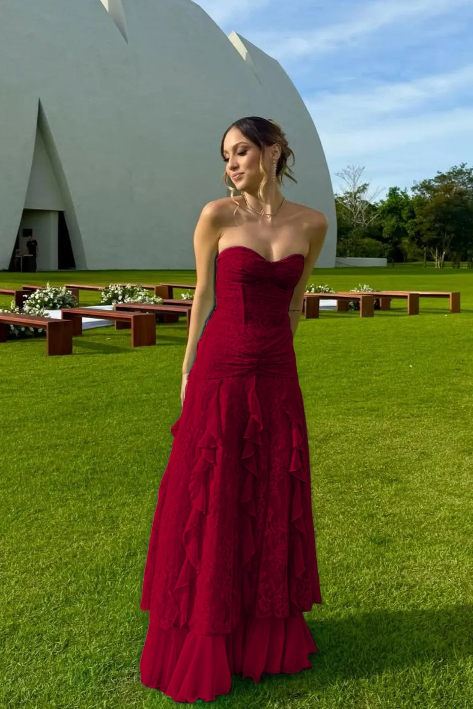Cocoslly Strapless Sweetheart Sleeveless High Waist Long Prom Dress With Ruffles | Mint Green Chiffon YC0477