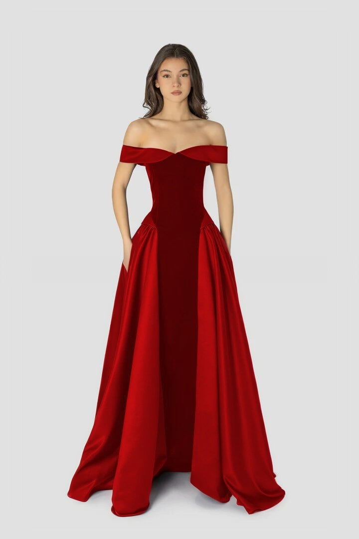 Cocoslly Off-The-Shoulder Sleeveless High Waist Long A Line Prom Dress | Regency Satin LR0426