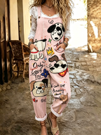 Women's Cute Dog Art Print Flowy Linen Blend Casual Jumpsuit