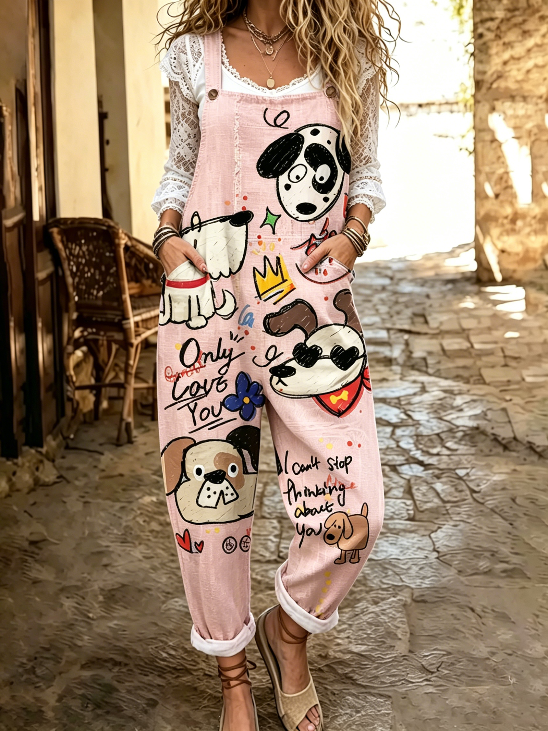 Women's Cute Dog Art Print Flowy Linen Blend Casual Jumpsuit