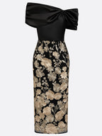 Black 3D Floral Applique Classic Off The Shoulder Short Sleeve Sheath Midi Dress