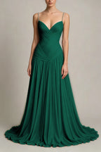 Cocoslly Spaghetti Straps Sleeveless High Waist Long Prom Dress With Pleated | Dusty Blue Chiffon LR0340