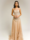 Tulle Square Neck Spaghetti Straps Strapless Sleeveless Long A-Line Prom Dress With Beadings YK0789
