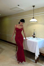 Cocoslly Spaghetti Straps Sleeveless High Waist Long Mermaid Prom Dress | Red Lace LR0435