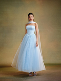 Tulle Strapless Sleeveless Long A-Line Prom Dress With Pleated And Ruffles YK0659