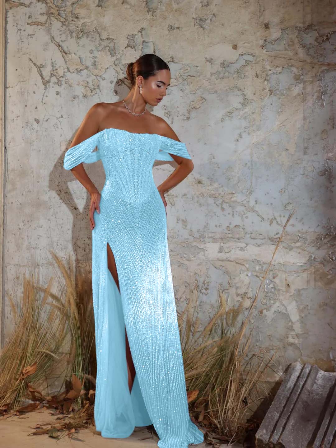 Off-The-Shoulder Strapless Sleeveless Long Mermaid Prom Dress With Sequins And High Split YK0711