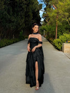Cocoslly Off-The-Shoulder Sleeveless High Waist Long Split Prom Dress With Ruffles And Scarf | Daffodil Chiffon YK1279