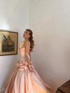 Cocoslly Strapless Sleeveless High Waist Long A Line Prom Dress With Flowers | Nude Pink Satin YC0415