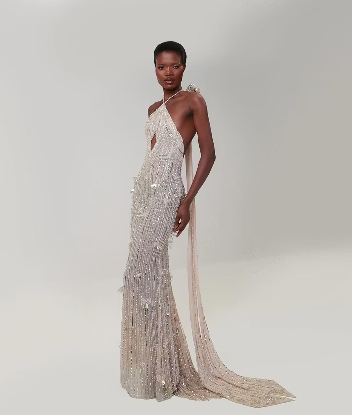 Cocoslly Halter Sleeveless High Waist Long Mermaid Prom Dress With Sequins | Nude Champage Chiffon YK1282