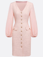 Pink Buckle Tweed V Neck Long Balloon Sleeve Sheath Midi Dress