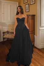 Cocoslly Sweetheart Strapless Sleeveless High-Waisted Long A-Line Pleated Prom Dress | Ivory Chiffon ZA0311