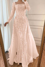 Square Neck Long Sleeves Long Mermaid Prom Dress With Beading Tulle WQ0442