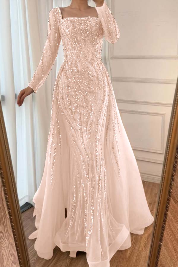 Square Neck Long Sleeves Long Mermaid Prom Dress With Beading Tulle WQ0442