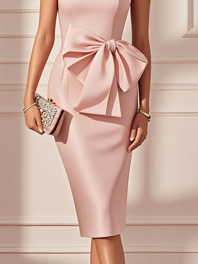 Pink Hotfix Embellished Bow Satin Square Neck Sleeveless Sheath Midi Dress