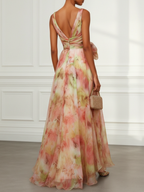 Pink Floral Bow Tulle V Neck Sleeveless A-Line Floor-length Gown Dress