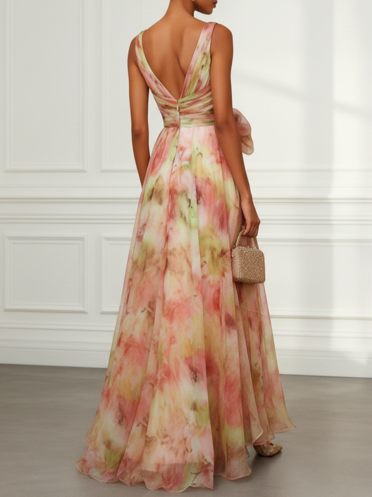 Pink Floral Bow Tulle V Neck Sleeveless A-Line Floor-length Gown Dress
