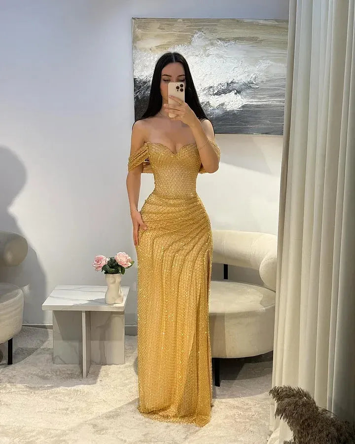 Cocoslly Satin Off-The-Shoulder Sleeveless Long Prom Dress With Pleated