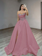 Satin Sweetheart Sleeveless Long Pleated A-Line Prom Dress With Rhinstone And Split YK0584