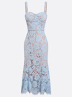 Light Blue Lace Sweetheart Neckline Sleeveless Mermaid Midi Dress