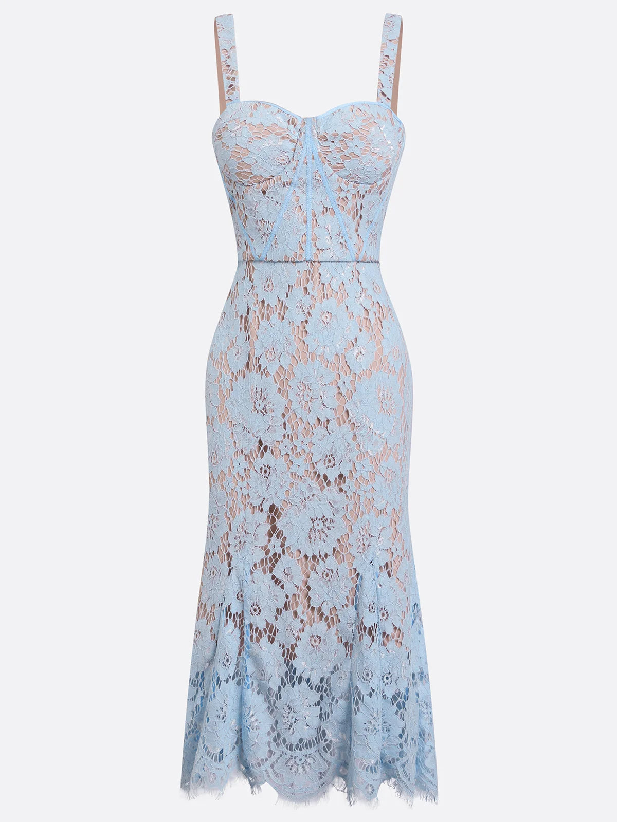 Light Blue Lace Sweetheart Neckline Sleeveless Mermaid Midi Dress